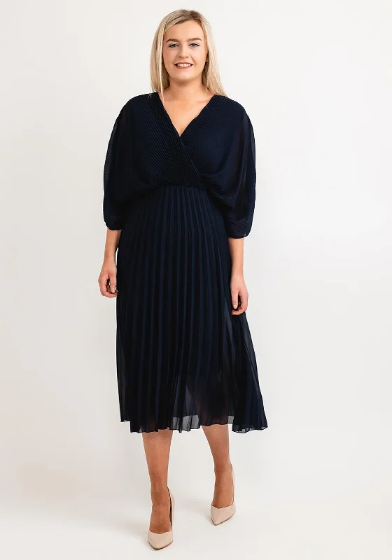 Seventy1 One Size Batwing Pleated Midi Dress, Navy Comfortable Sleeveless Midi Dress