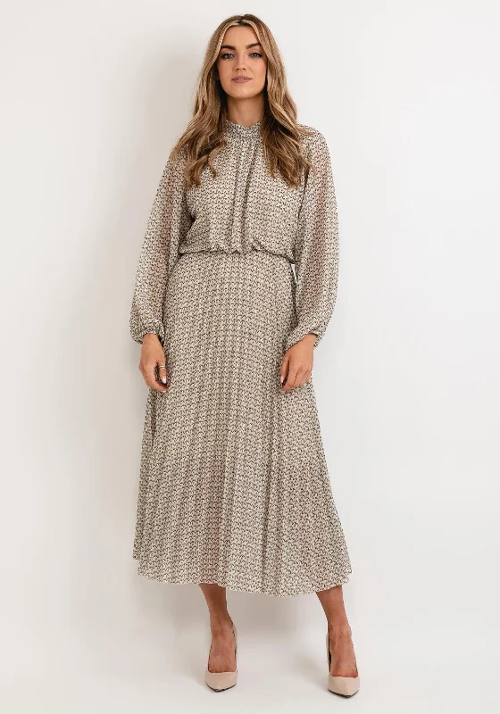 Seventy1 One Size Blouson Waist Midi Dress, Beige Multi Stylish Color Block Midi Dress