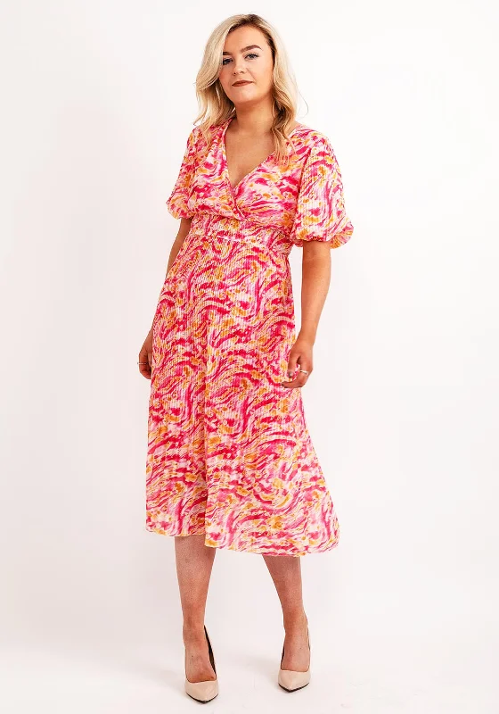 Seventy1 One Size Elasticated Pleated Midi Dress, Pink & Yellow Comfortable Geometric Print Midi Dress