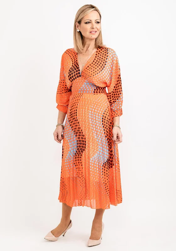 Seventy1 One Size Multi Circle Print Pleated Midi Dress, Orange Multi Stylish Animal Print Midi Dress