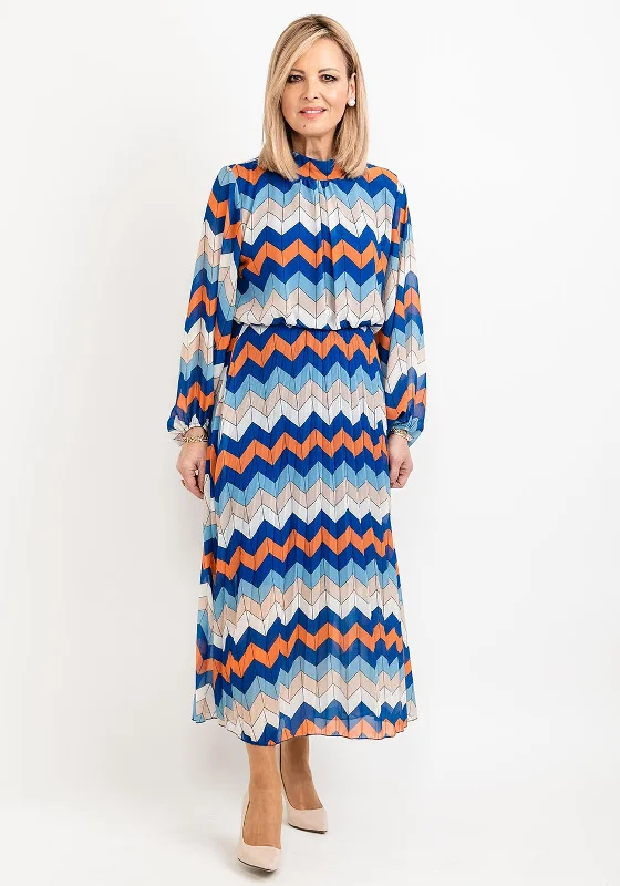 Seventy1 One Size Patterned Blouson Waist Midi Dress, Blue Multi Cozy Midi Dress with Pockets