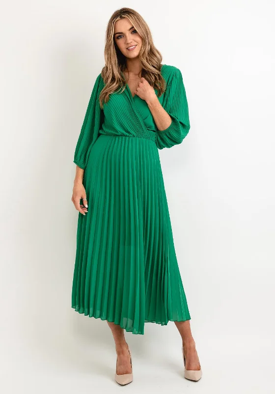 Seventy1 One Size Pleated Wrap Midi Dress, Emerald Green Elegant Floral Appliqué Midi Dress