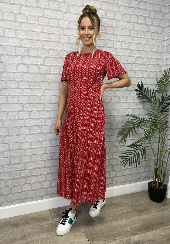 Seventy1 Printed A-Line Midi Dress, Red Stylish Midi Dress with Cuffs