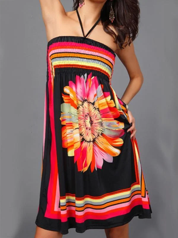 Sexy Bohemia Floral Halter Strapless A Line Mini Dress Fashionable Off-Shoulder Mini Dress