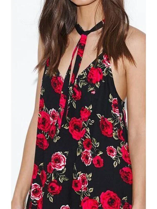 Sexy Floral Spaghetti Straps Halter Bohemia Beach Mini Dress Fashionable Button-Front Mini Dress