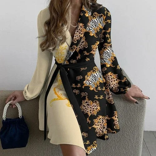 Women V-neck Casual Floral Print  Long Sleeve Mini Dress Casual Mini Dress with Pockets