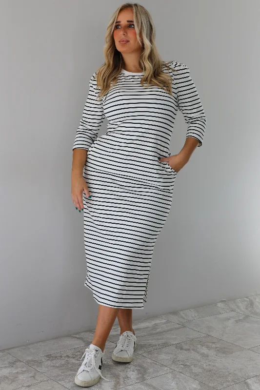 Simple Striped Midi Dress: White/Black Trendy Off-Shoulder Ruffle Midi Dress