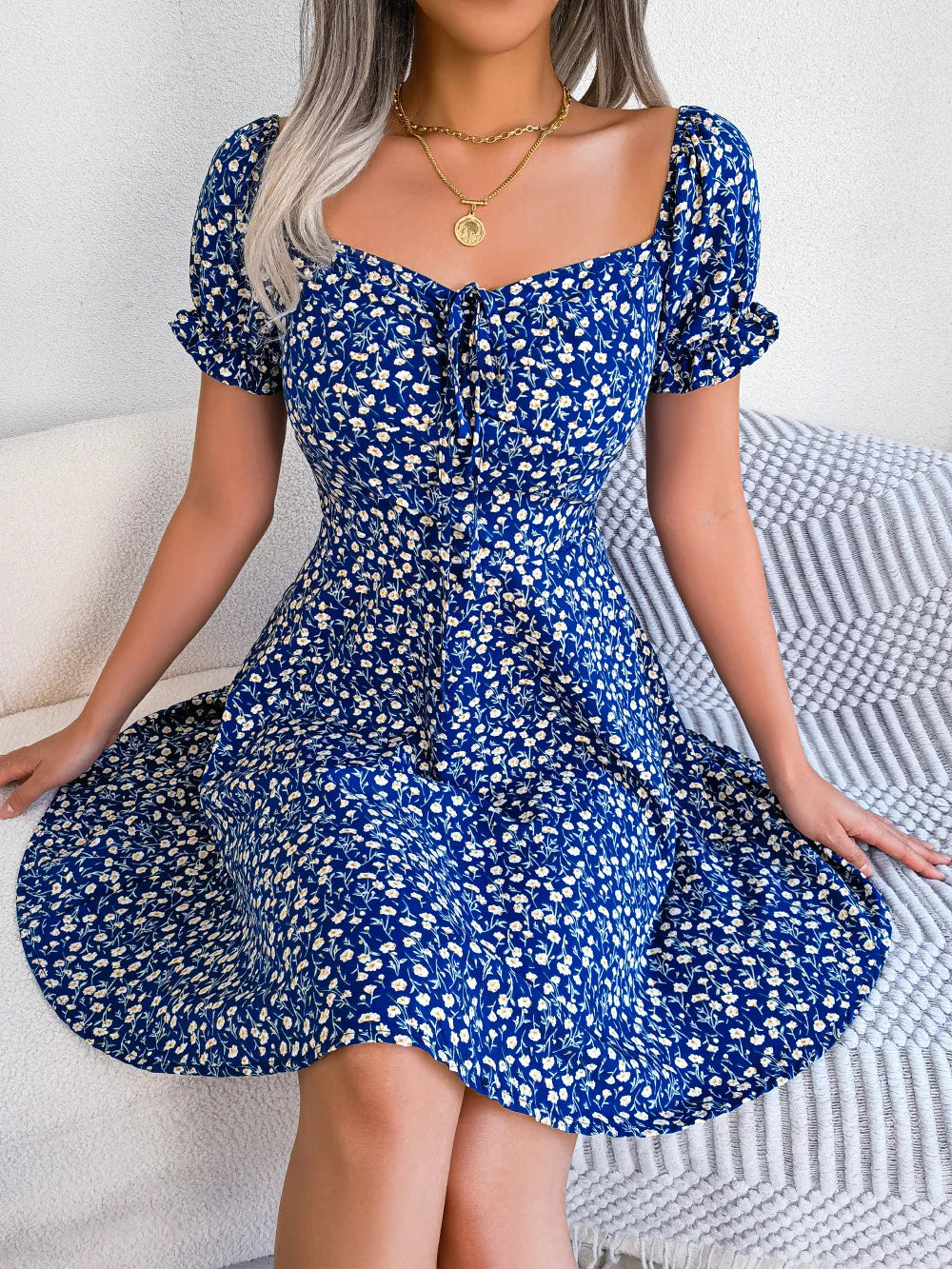 Spring Summer Square Collar Floral Ruffles Mini Dress Women Casual Flare Sleeves Drawstring Lace up Print A Line Dress Elegant Tulle Mini Dress