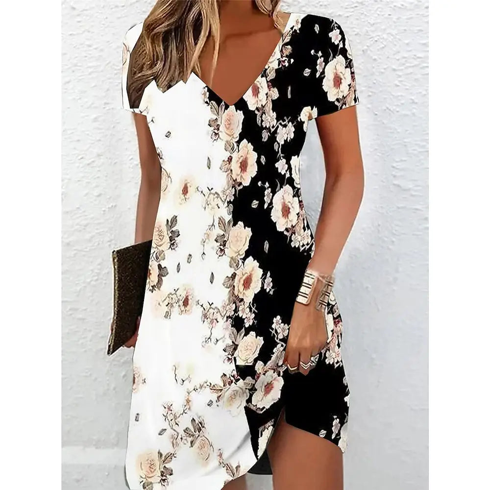 Summer Short Sleeved V-neck Casual Women Dress Retro Floral Print Mini Dress Big Size 6XL Elegant Lady Knee-length Dress Fashionable Boho-Chic Mini Dress