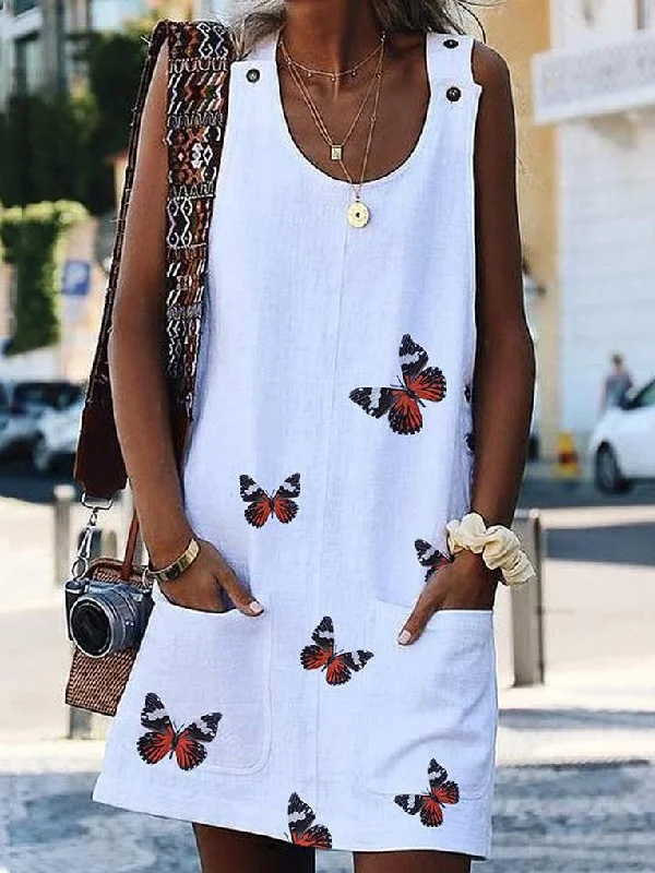 Summer Sleeveless Floral Butterfly Knee Above Casual Loose Mini Dress Elegant Silk Mini Dress