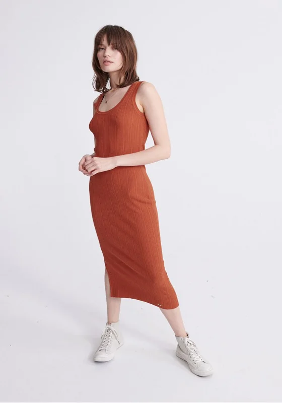 Superdry Womens Sahara Knit Midi Dress, Rust Trendy Ruffle Hem Midi Dress