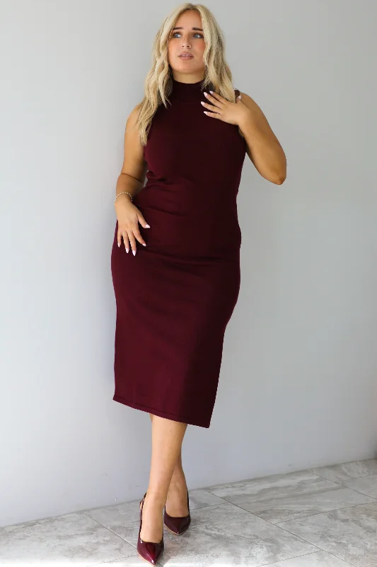 Take Your Time Midi Dress: Burgundy Elegant Puff Sleeve Midi Dress