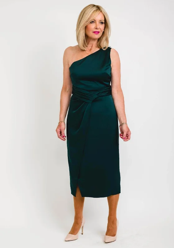 Ted Baker One Shoulder Folded Waist Detail Midi Dress, Dark Green Fashionable One-Shoulder Midi Dress