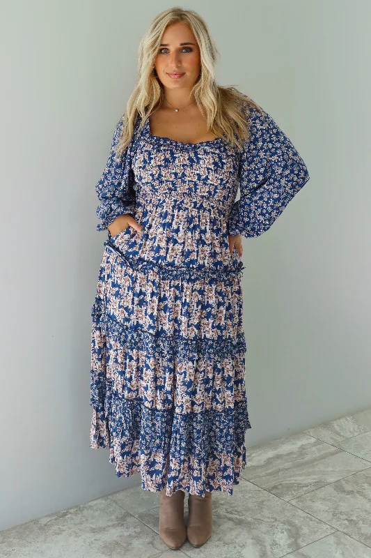 Totally Worth It Midi Dress: Navy/Multi Elegant Pleated Sleeve Midi Dress