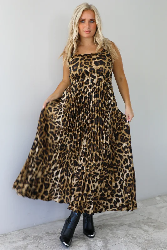 Until We Go Midi Dress: Leopard Stylish Satin Midi Dress