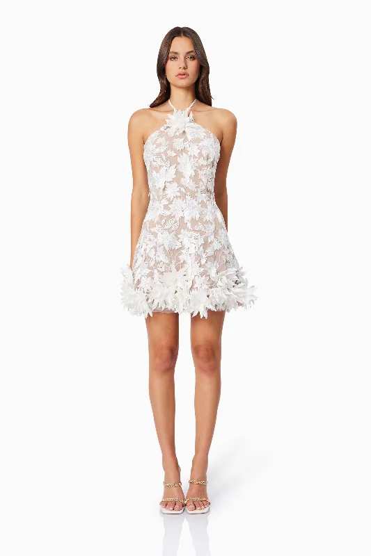 Valentina 3D Floral Mini Dress in White Trendy Bodycon Mini Dress