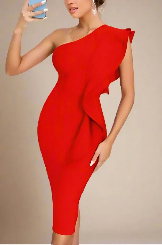 Vera Bandage Midi Dress - Lipstick Red Stylish Long Sleeve Floral Midi Dress