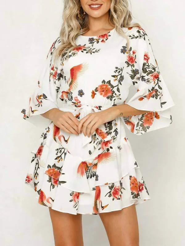 White 3/4 Length Sleeve Floral Pleated Hem Mini Dress Cozy A-Line Mini Dress