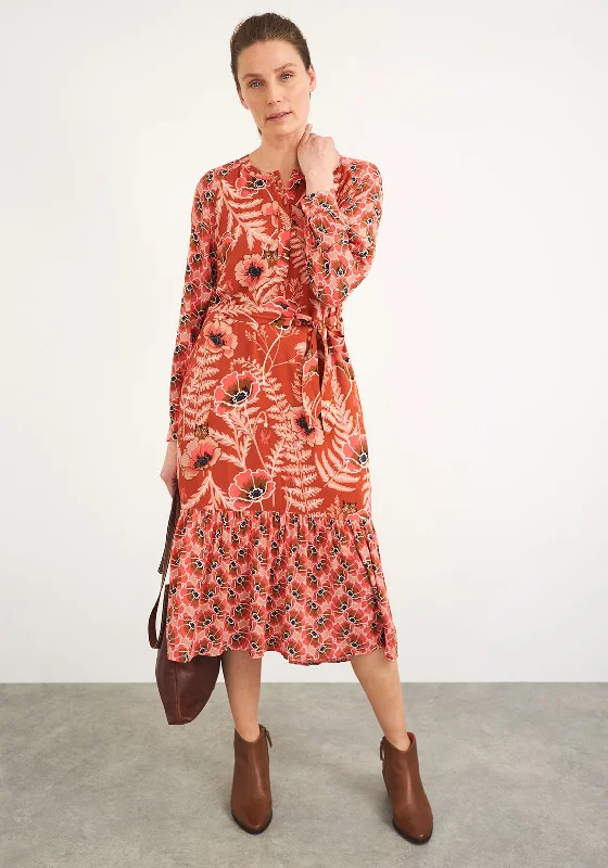 White Stuff Poppy Floral & Cat Print Midi Dress, Salmon Pink Stylish Button-Up Midi Dress