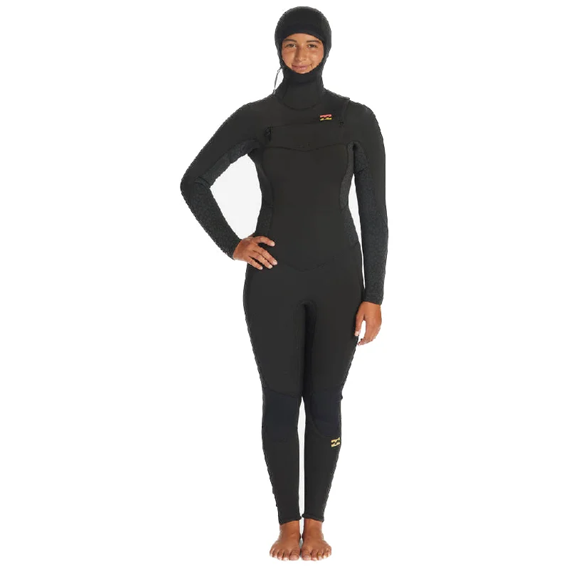 5/4mm Women’s Billabong Synergy Hooded Chest Zip Full Wetsuit -  WILD BLACK - BKYH6 Hoodie with Mesh Breathable Sporty