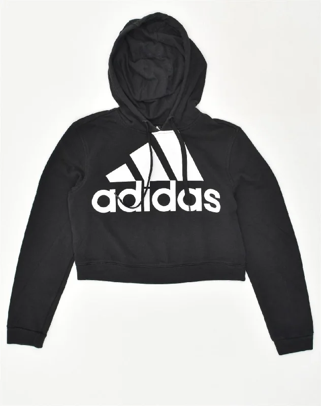 ADIDAS Womens Crop Graphic Hoodie Jumper UK 8-10 Small Black Cotton Hoodie with Magnetic Closure Innovative Modern