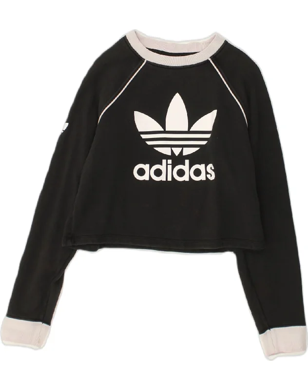 ADIDAS Womens Crop Graphic Sweatshirt Jumper UK 6 XS Black Cotton Hoodie with Zipper Versatile Modern