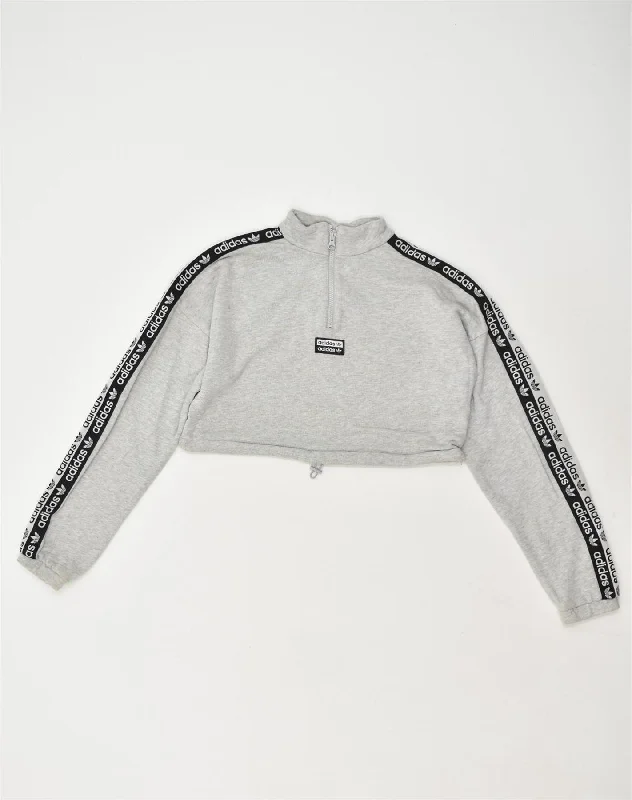 ADIDAS Womens Crop Graphic Sweatshirt Jumper UK 6 XS Grey Cotton Hoodie with Typography Text Message