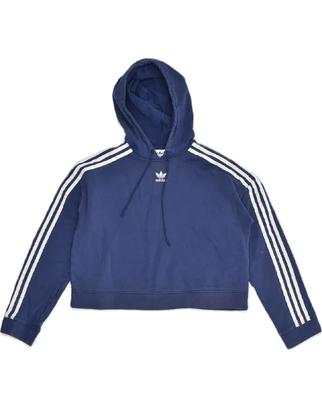 ADIDAS Womens Crop Hoodie Jumper UK 10 Small Navy Blue Cotton Hoodie with Crew Neck Simple Timeless