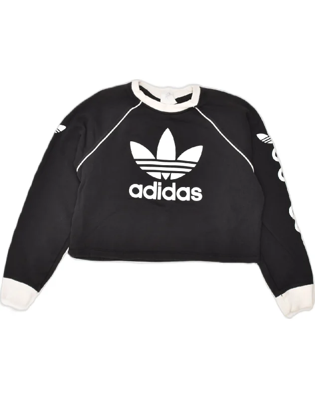 ADIDAS Womens Graphic Crop Sweatshirt Jumper UK 12 Medium  Black Cotton Hoodie with Sequins Glamorous Eye-catching