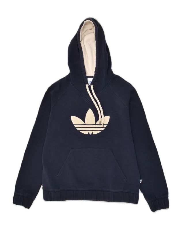 ADIDAS Womens Graphic Hoodie Jumper Size 46 Large Navy Blue Polyester Hoodie with Drawstring Waist Adjustable Fitted