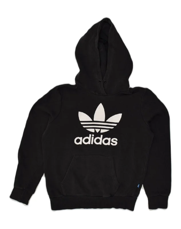 ADIDAS Womens Graphic Hoodie Jumper UK 10 Small Black Cotton Hoodie with Hem Embroidery Detailed Premium