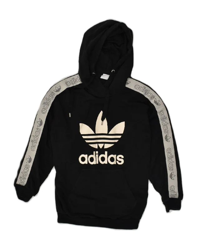 ADIDAS Womens Graphic Hoodie Jumper UK 14 Medium Black Cotton Hoodie with Drawstring Waist Adjustable Fitted