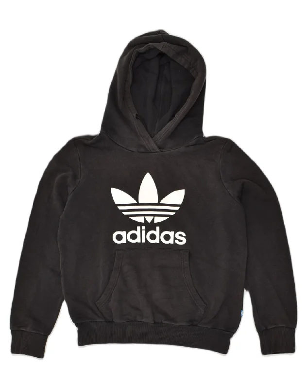 ADIDAS Womens Graphic Hoodie Jumper UK 16 Large   Black Cotton Hoodie with Full-Zip Functional Layering