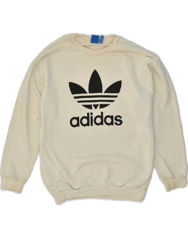 ADIDAS Womens Graphic Sweatshirt Jumper UK 10 Small White Cotton Hoodie with Strings Custom Fit Adjustable