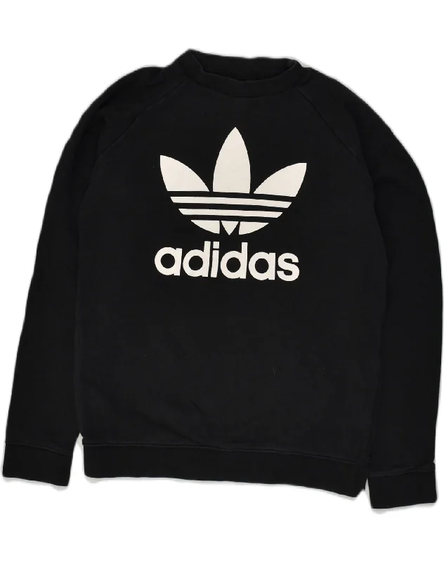 ADIDAS Womens Graphic Sweatshirt Jumper UK 12 Medium Black Cotton Hoodie with Hem Detail Decorative Unique