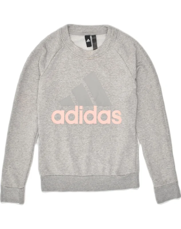 ADIDAS Womens Graphic Sweatshirt Jumper UK 4-6 XS  Grey Cotton Hoodie with Double Zipper Versatile Adjustable