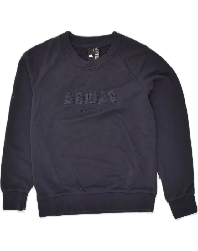 ADIDAS Womens Graphic Sweatshirt Jumper UK 8/10 Small Navy Blue Cotton Hoodie with Front Slit Layering Stylish