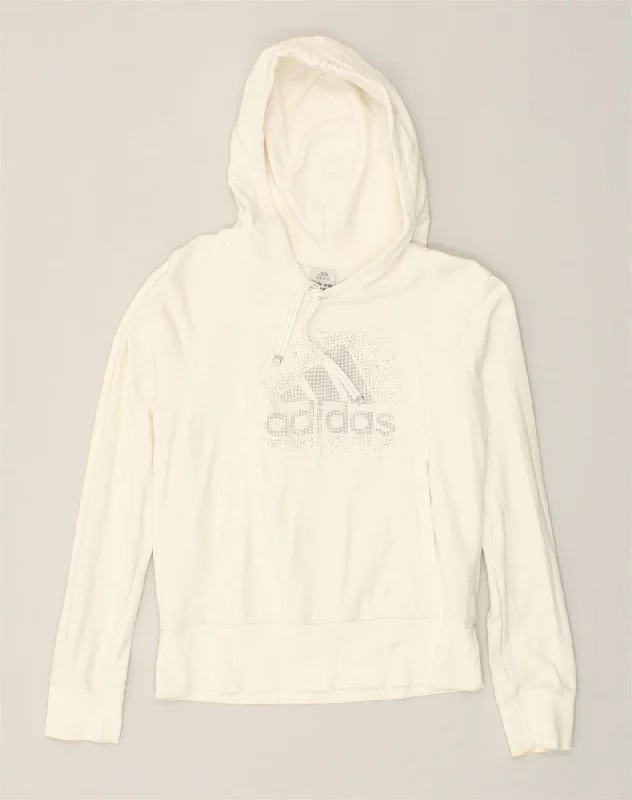 ADIDAS Womens Hoodie Jumper UK 16 Large White Cotton Hoodie with Cropped Fit Short Trendy