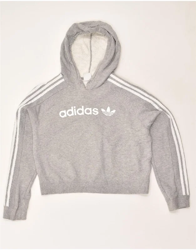 ADIDAS Womens Oversized Crop Hoodie Jumper UK 6 Small  Grey Cotton Hoodie with Ribbed Neckline Snug Warm