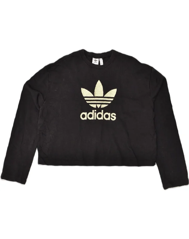 ADIDAS Womens Oversized Crop Sweatshirt Jumper UK 10 Small Black Cotton Hoodie with Drawcord Adjustable Secure