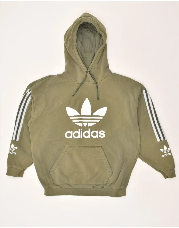 ADIDAS Womens Oversized Graphic Hoodie Jumper UK 14 Large Khaki Cotton Hoodie with Strings Custom Fit Adjustable