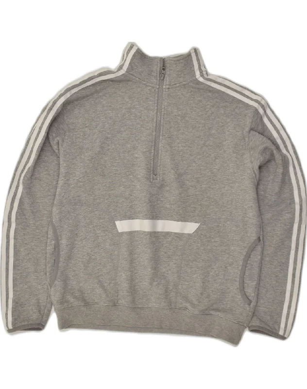 ADIDAS Womens Zip Neck Sweatshirt Jumper UK 16 Large Grey Cotton Hoodie with Ribbed Hem Stretchable Secure