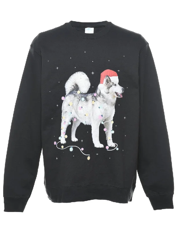 Black Dog Print Christmas Sweatshirt - L Hoodie with Hem Ribbing Snug Secure