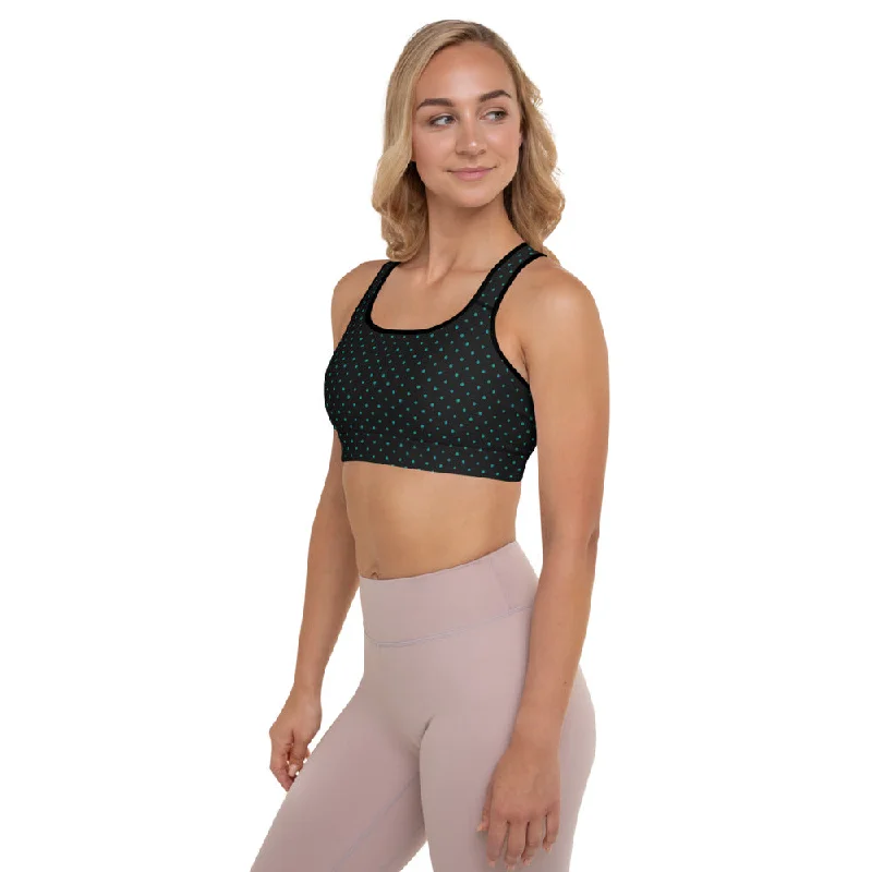 Teal Blue Dots Sports Bra, Black Polka Dots Women's Padded Workout Bra - Made in USA/ EU Daily Comfort Bra