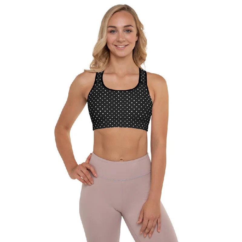 Polka Dots Sports Bra, Preppy Black White Polka Dots Women's Padded Bra-Made in USA/EU Elegant Lace Bralette