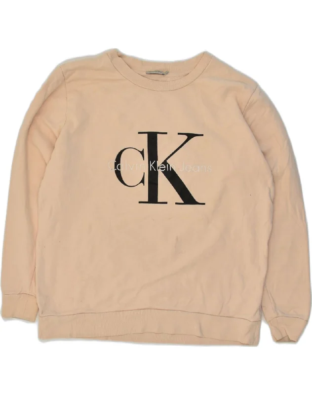 CALVIN KLEIN Womens Oversized Graphic Sweatshirt Jumper UK 10 Small Beige Hoodie with Drawcord Adjustable Secure