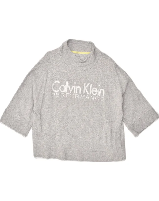 CALVIN KLEIN Womens Performance Graphic Sweatshirt Jumper UK 16 Large Grey Hoodie with Half-Zip Sporty Casual