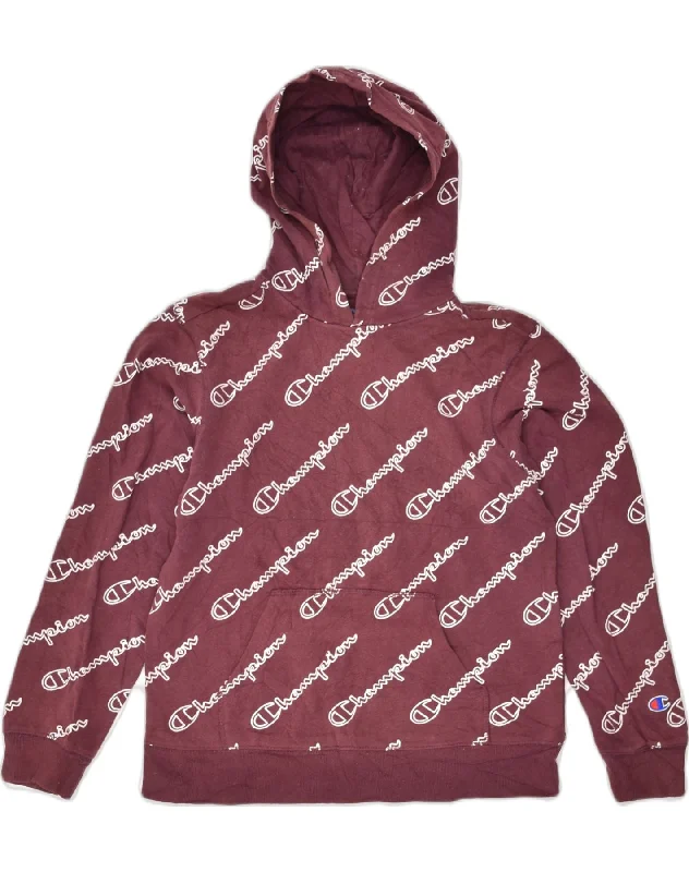 CHAMPION Womens Graphic Hoodie Jumper UK 14 Large Burgundy Cotton Hoodie with Puffed Sleeves Voluminous Trendy