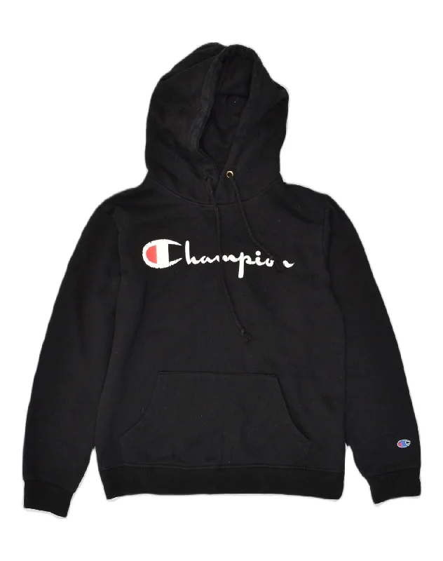 CHAMPION Womens Graphic Hoodie Jumper UK 14 Medium Black Cotton Hoodie with Bell Sleeves Flared Feminine