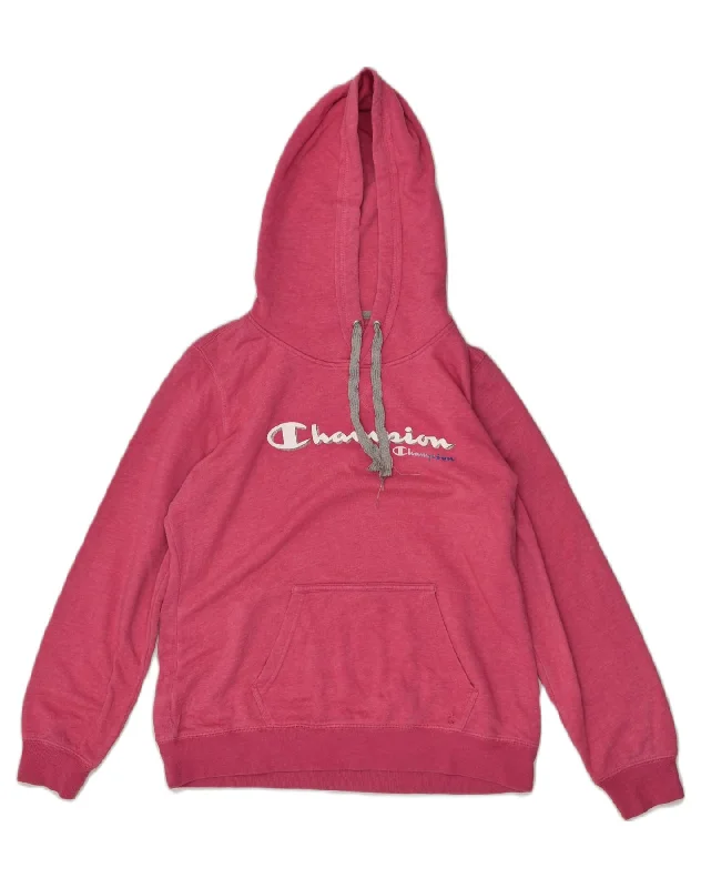 CHAMPION Womens Graphic Hoodie Jumper UK 18 XL Pink Hoodie with Emblem Brand Identity